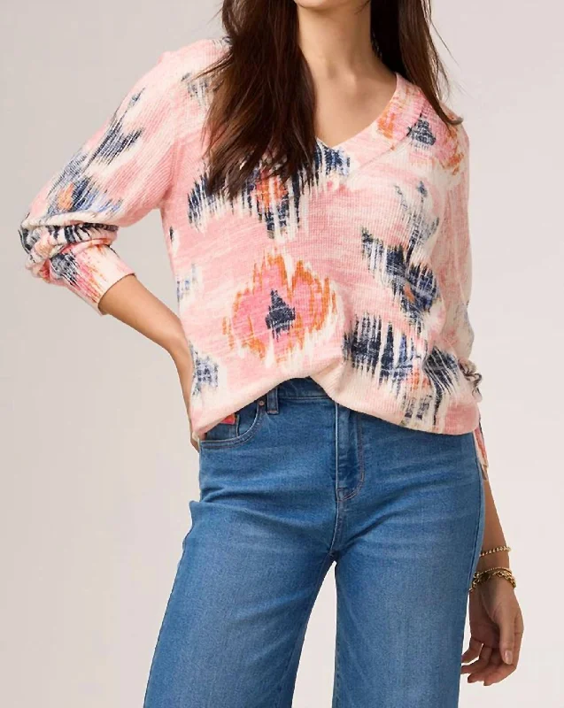 Abstract Floral Waffle Stitch V-Neck Sweater In Pink Multi