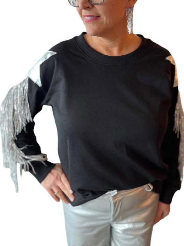 French Terry Star Patch With Fringe Sweater In Black