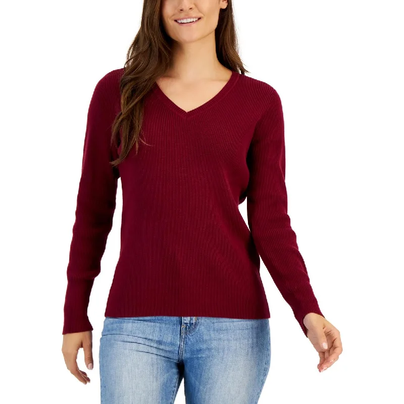 Karen Scott Womens Petites Cotton Ribbed Pullover Sweater