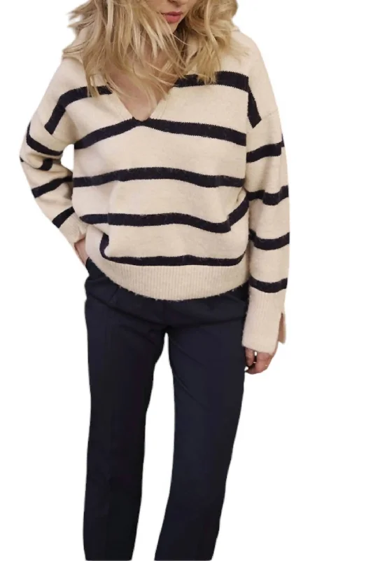 Polo Style Striped Sweater In Cream/navy