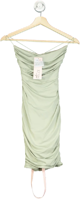 Oh Polly Sage Green Ruched Bodycon Mini Dress UK 8