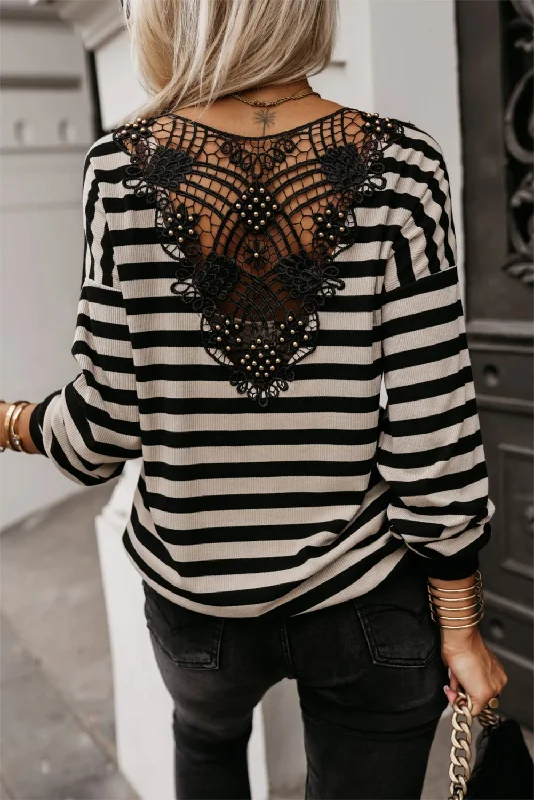 Black Stripe Crochet Hollow-out Back Buttoned Decor V Neck Top